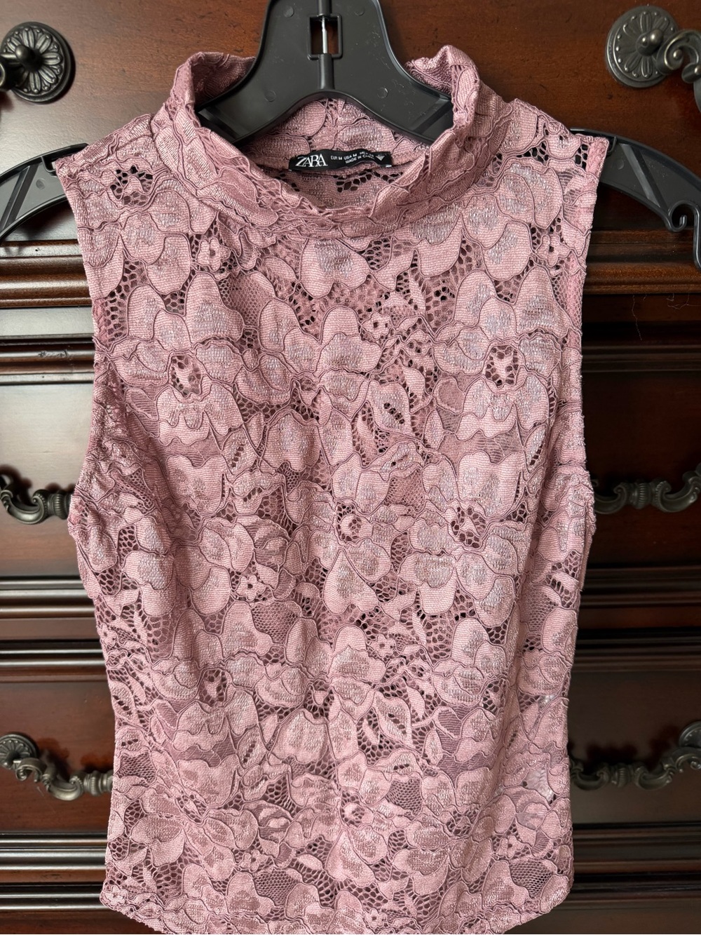 Zara Dusty Pink Lace Mock Neck Sleeveless Bodysuit
